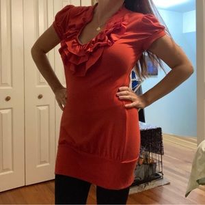 Juniors size large dark orange stretch ruffle flamenco style dress/long shirt